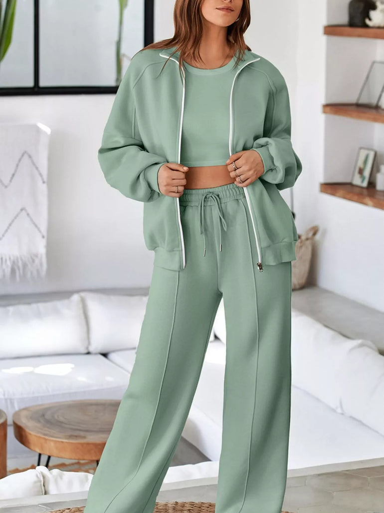 Barevici Motion zip track set women’s drop shoulder jacket and drawstring pants active co ord in sage