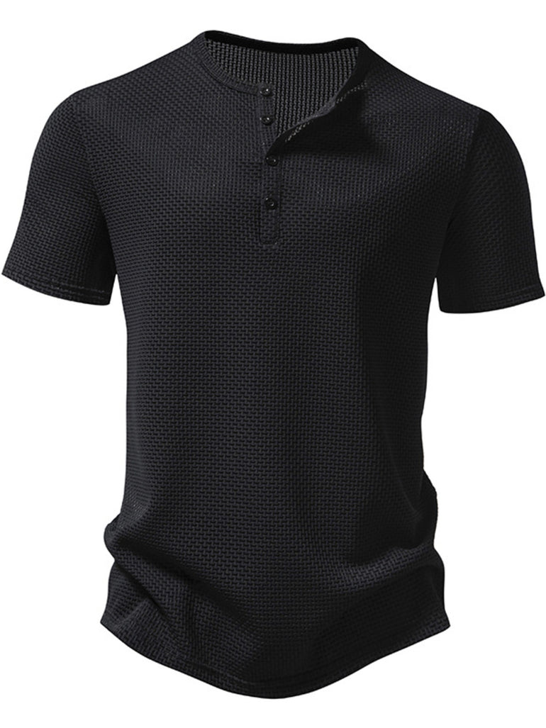 Barevici Soho textured Henley tee men’s minimalist button detail t shirt black