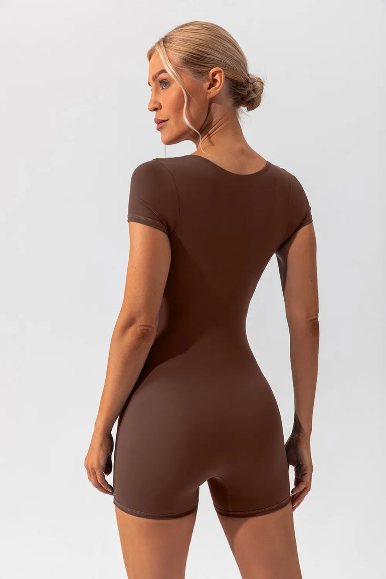 Barevici Poise cap sleeve active romper women’s square neck sculpting one piece in brown, back view