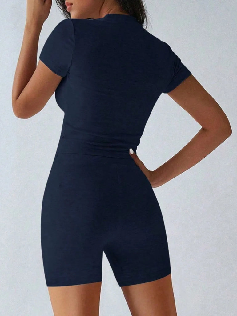 Barevici Cove tee and shorts set women’s minimalist round neck lounge co ord in navy back view