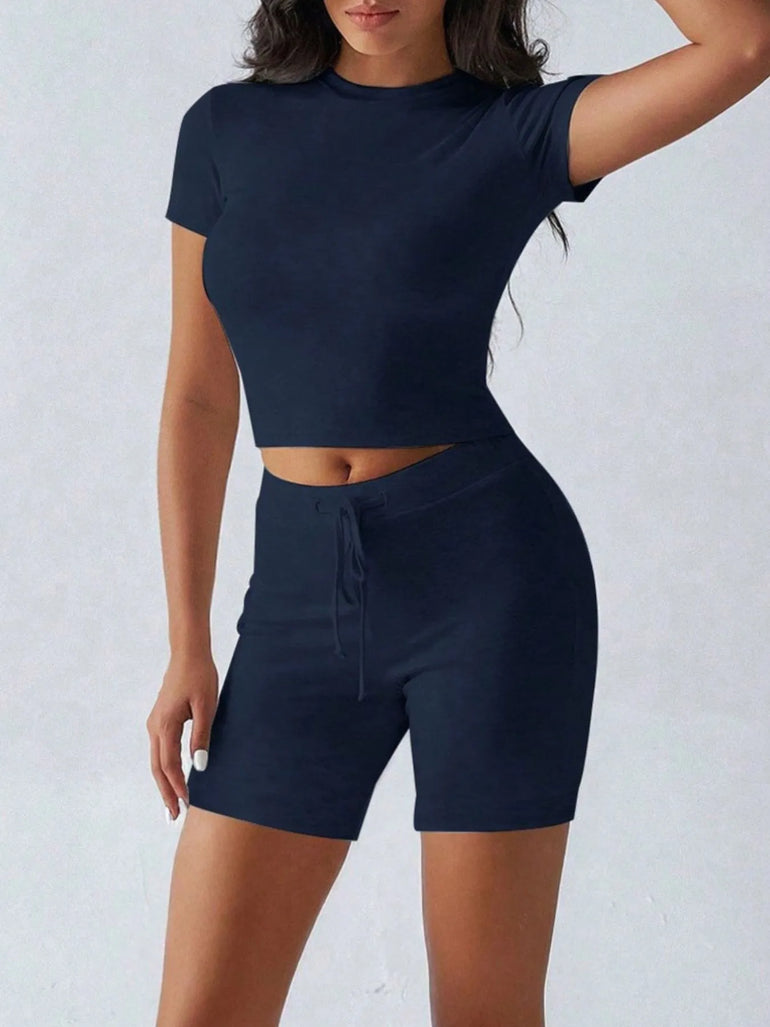 Barevici Cove tee and shorts set women’s minimalist round neck lounge co ord in navy