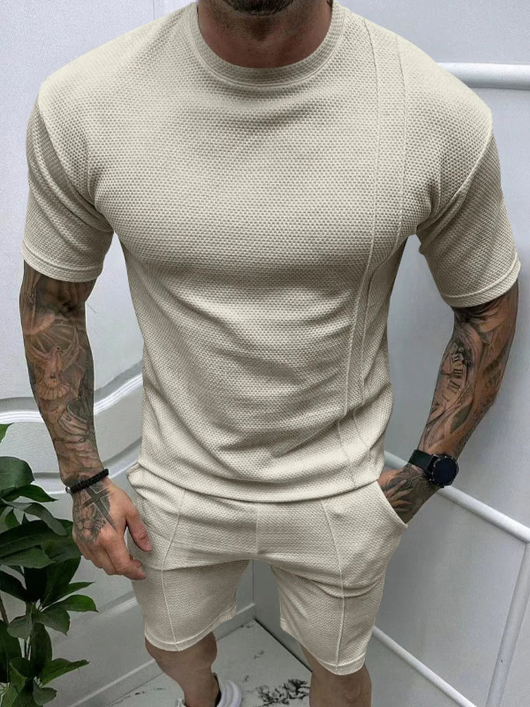 front view of Barevici Haven Set men’s full size tee and shorts on model
