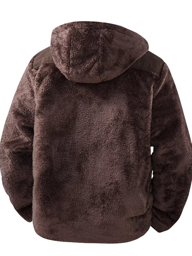 Barevici Summit fleece hooded jacket men’s minimalist zip up layer  brown back view