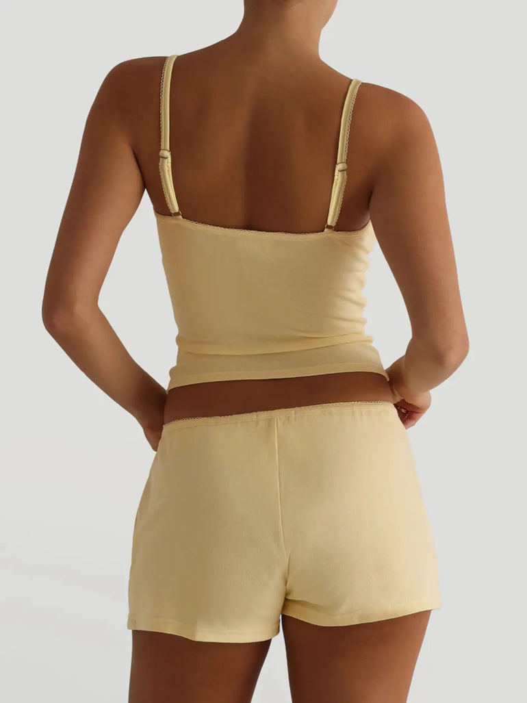 Barevici Luma v neck cami and shorts set women’s minimalist lounge co ord yellow back view