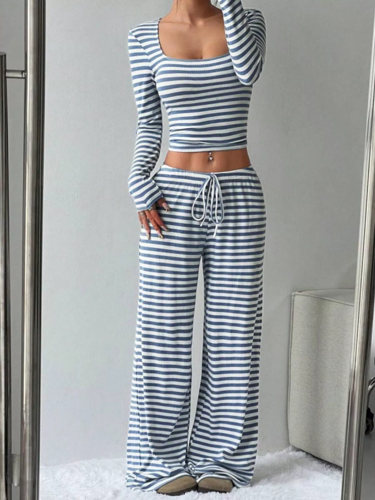 Barevici Horizon stripe set women’s striped long sleeve crop top and wide leg pants co ord navy blue stripes