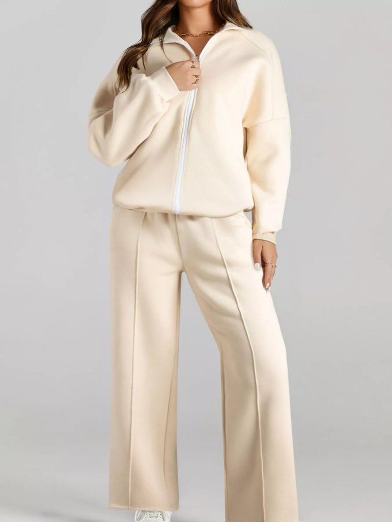 Barevici Motion zip track set women’s drop shoulder jacket and drawstring pants active co ord in beige