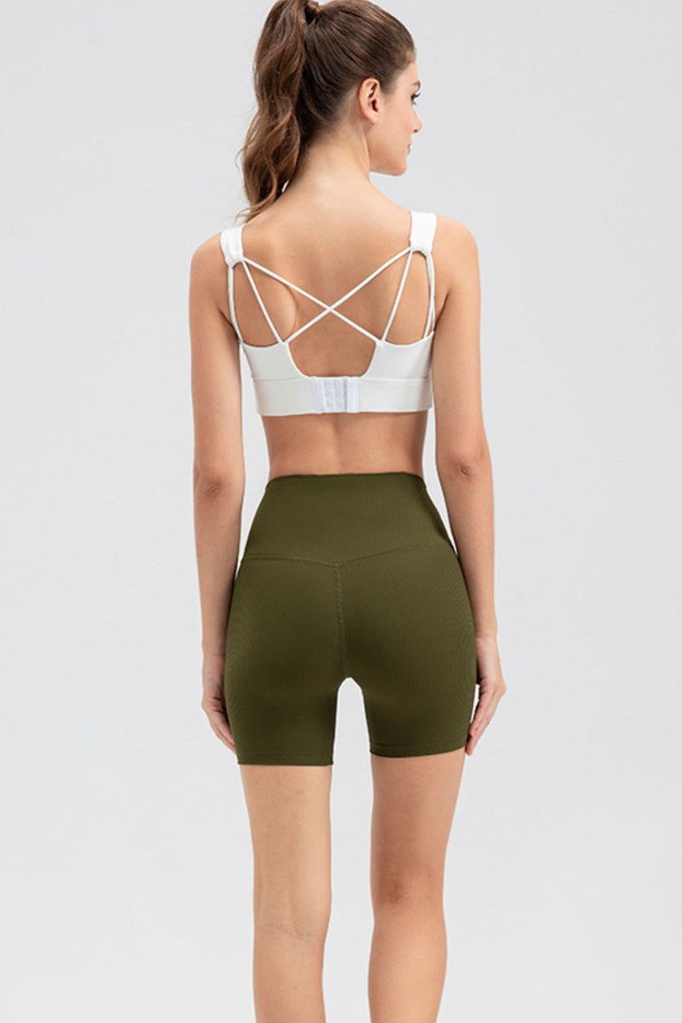 Barevici Pulse wideband shorts women’s slim fit wide waistband sports shorts in Army Green. back view