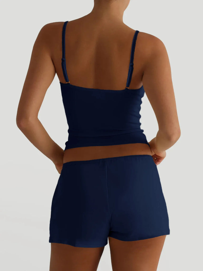 Barevici Luma v neck cami and shorts set women’s minimalist lounge co ord navy blue back view