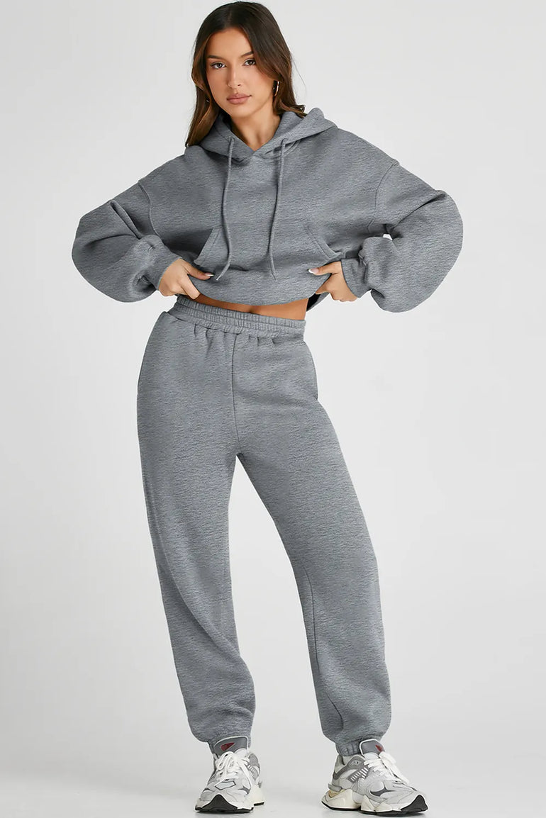 Barevici Transit hooded set women’s dropped shoulder hoodie and drawstring pants active co ord in gray