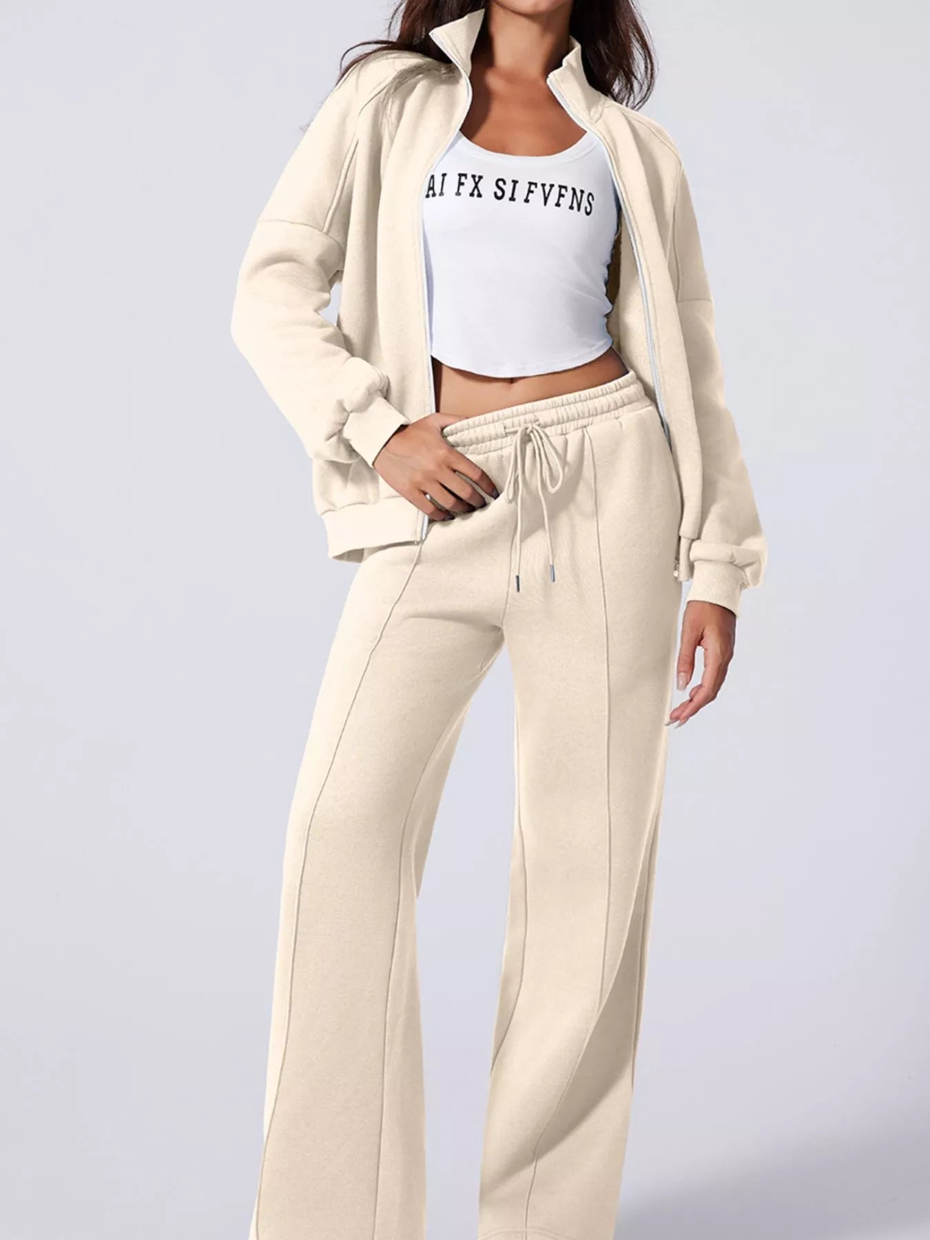 Barevici Motion zip track set women’s drop shoulder jacket and drawstring pants active co ord in beige