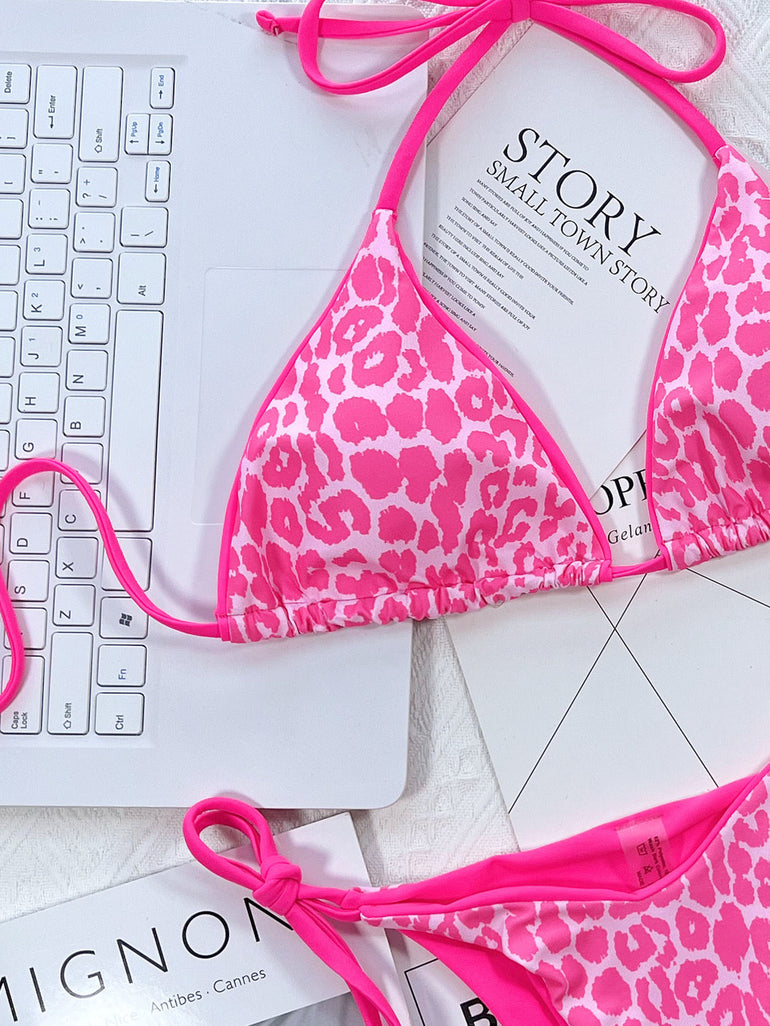 Barevici leopard print halter neck tie side bikini set women's minimalist adjustable swimwear