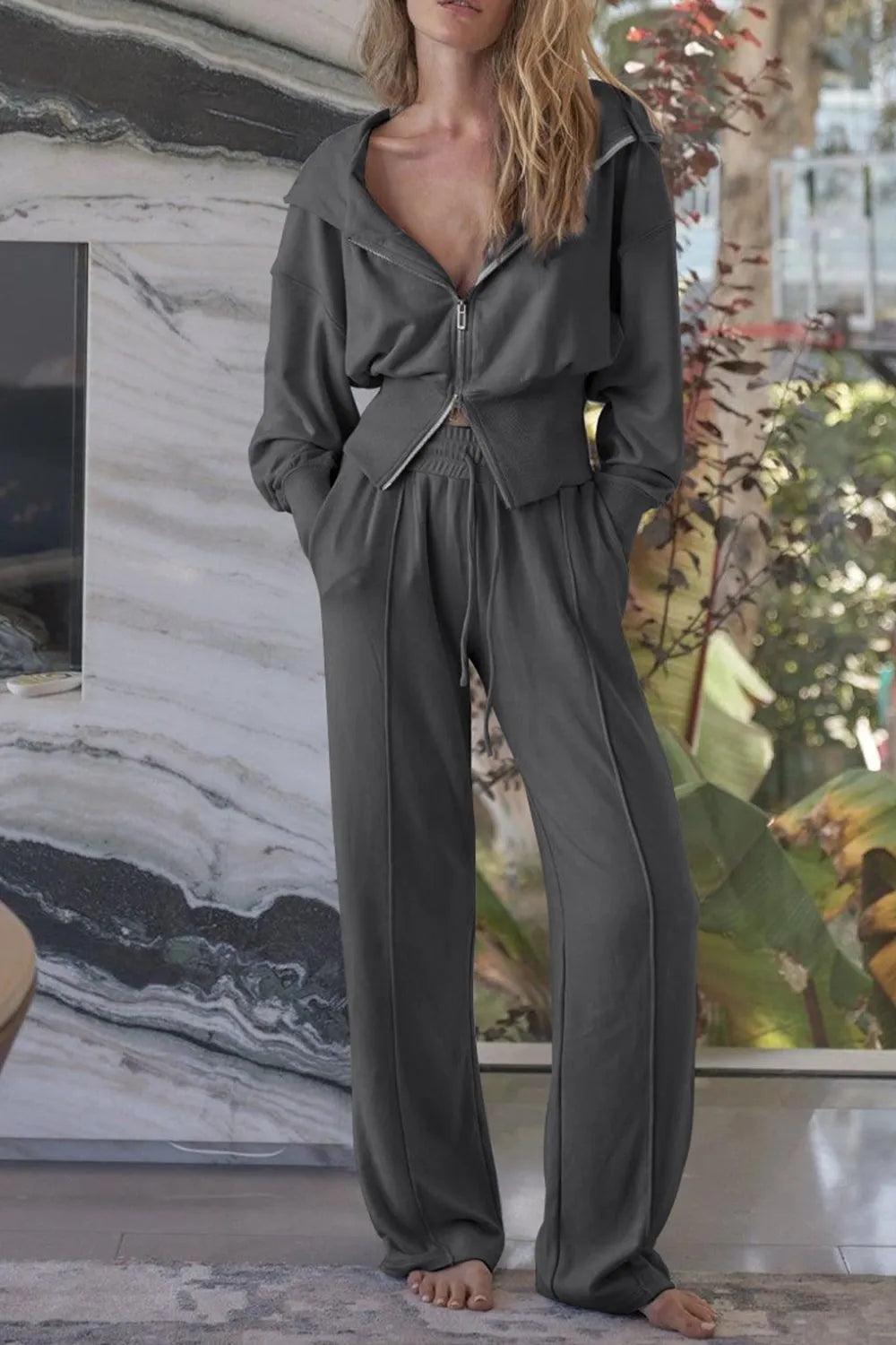 Barevici Vector zip hoodie set women’s zip up hoodie and drawstring pants minimalist active co ord in dark gray