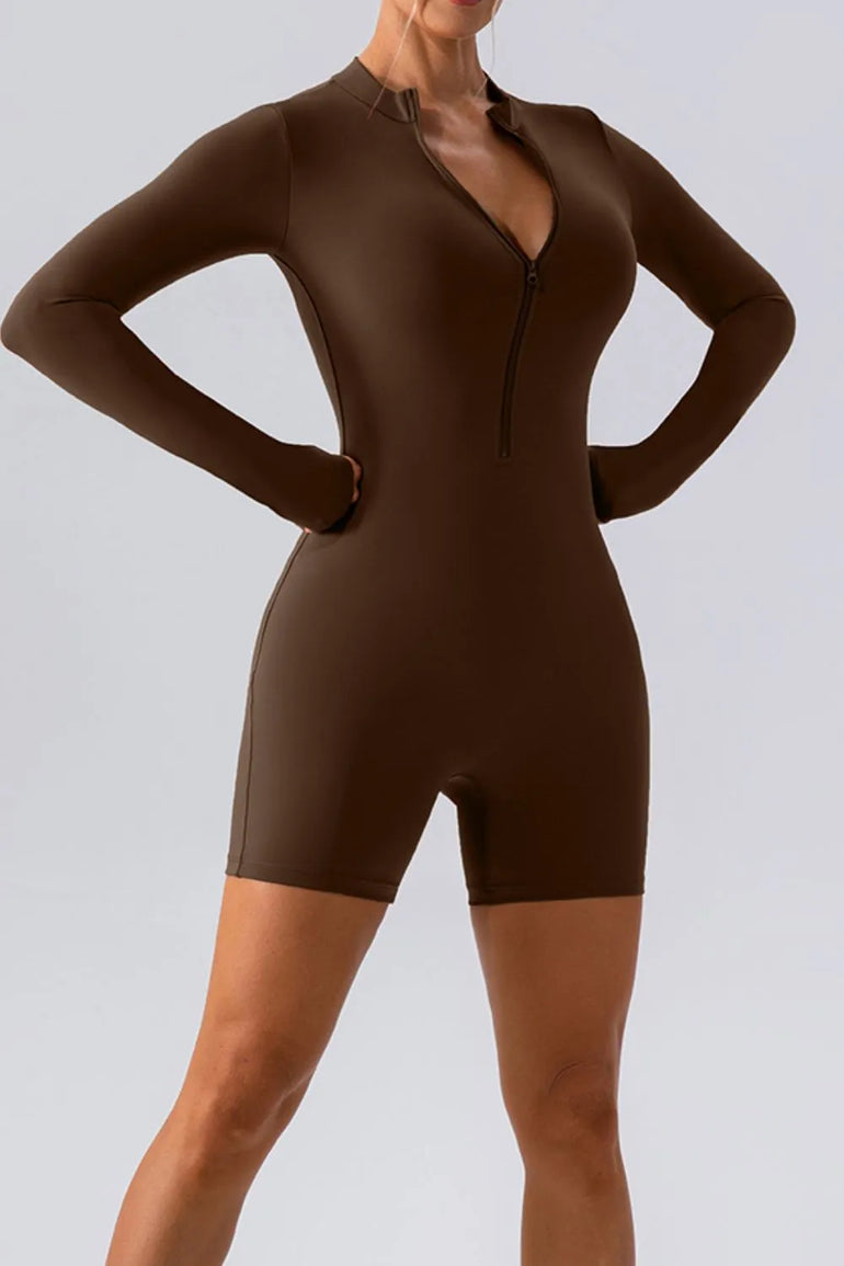 Barevici Vantage half zip active romper women’s long sleeve sculpting one piece in chocolate