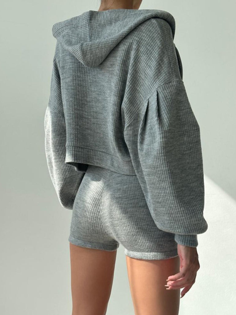 Barevici ribbed, Top, Shorts  hoodie set women’s three piece lounge co ord vest shorts and hoodie, bac view