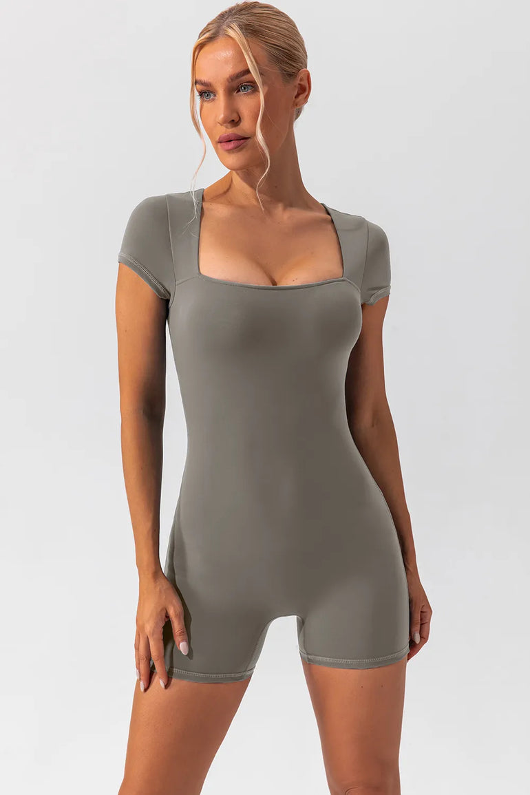 Barevici Poise cap sleeve active romper women’s square neck sculpting one piece in grey
