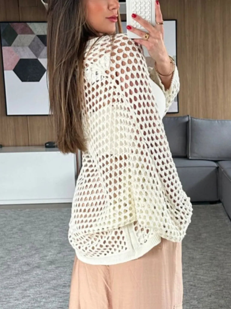 Barevici hollow out open front cover up women's minimalist lightweight beachwear (back/white)