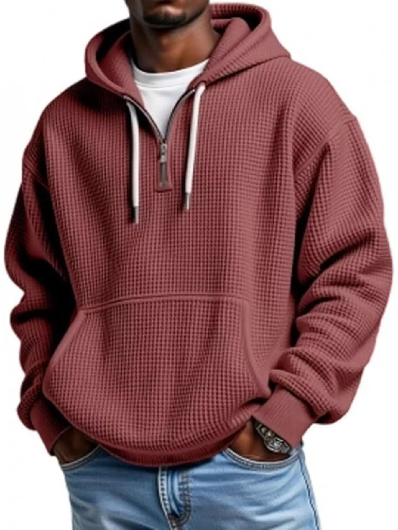 Barevici Loft waffle quarter zip hoodie men’s plus size textured hooded sweatshirt