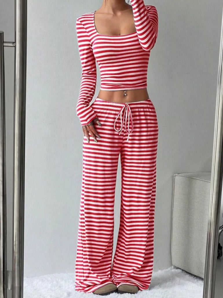 Barevici Horizon stripe set women’s striped long sleeve crop top and wide leg pants co ord red stripes