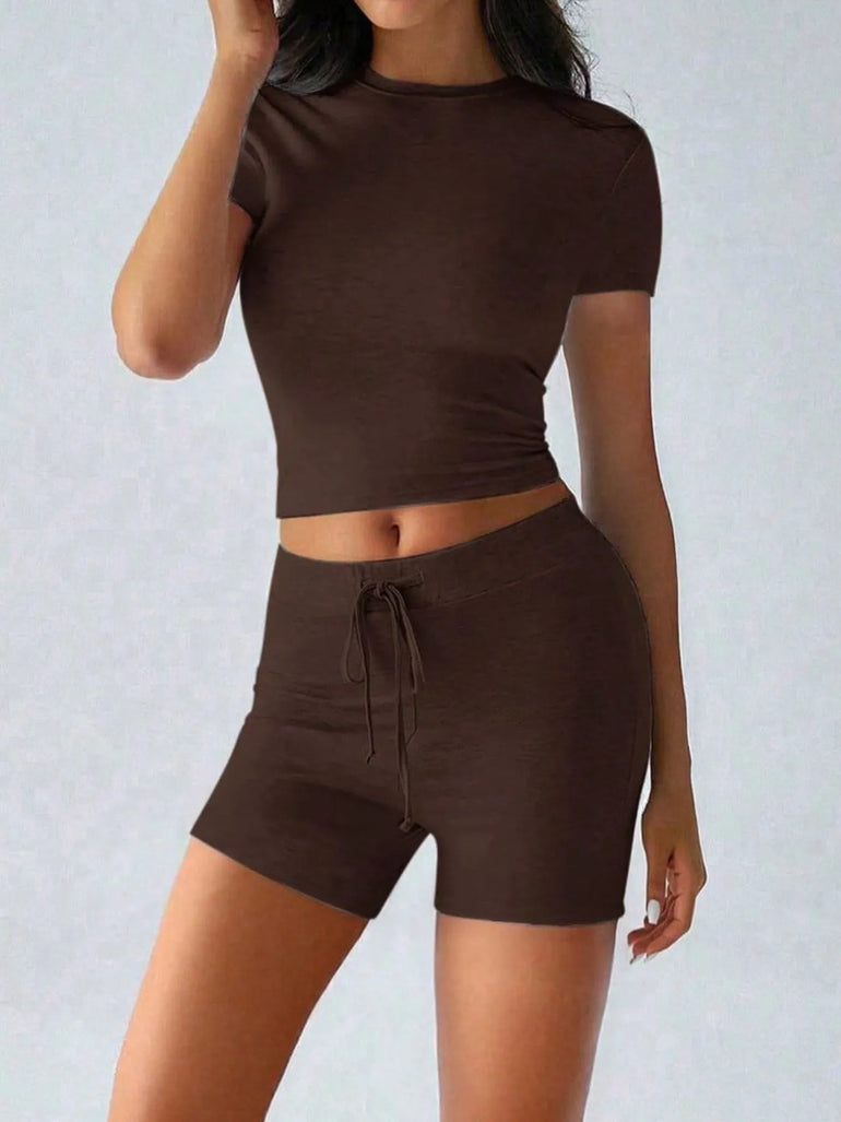 Barevici Cove tee and shorts set women’s minimalist round neck lounge co ord in brown