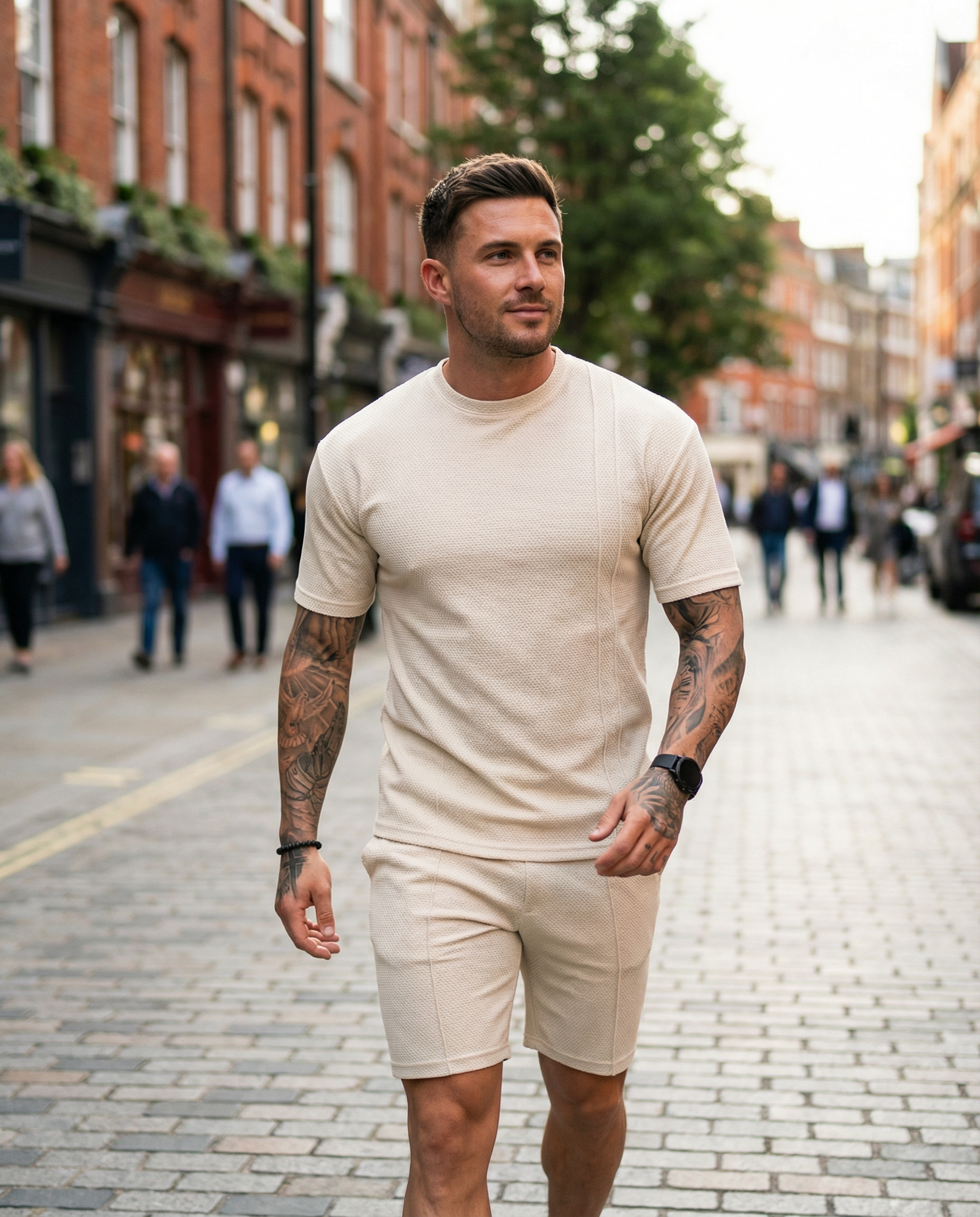 man wearing Barevici Haven Set men’s full size tee and shorts set, front view