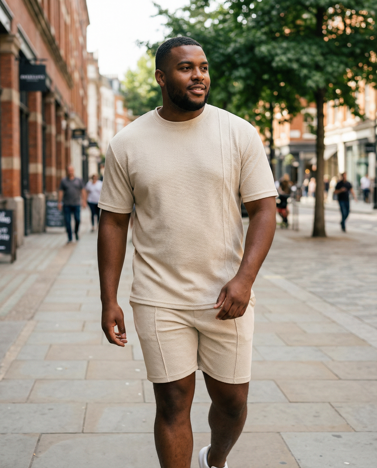 Plus size man wearing Barevici Haven Set men’s full size tee and shorts set, front view