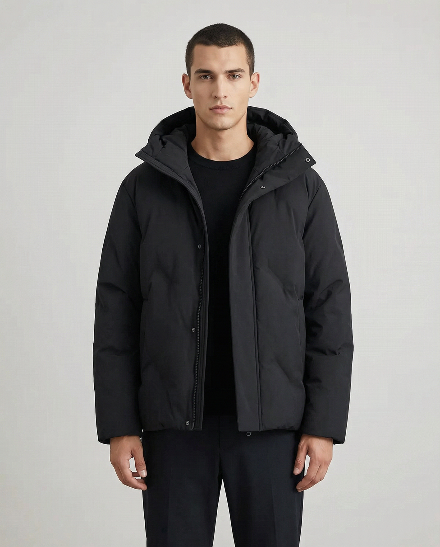 6'1 man wearing a black XL Barevici Northline Hooded Jacket, front view