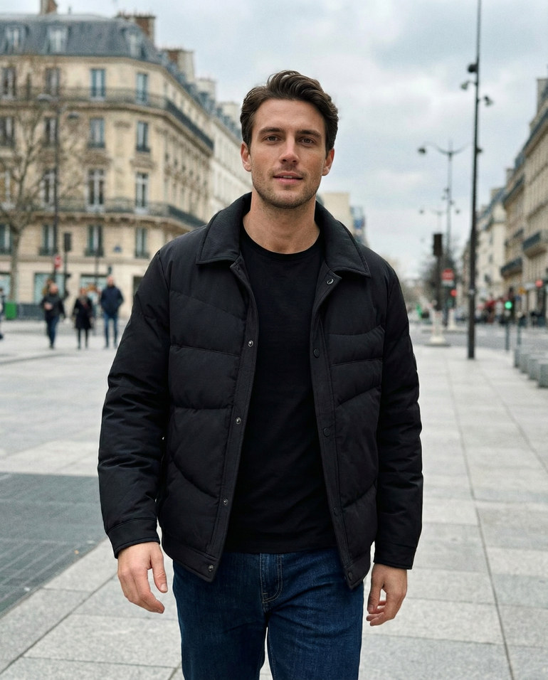 Barevici Oslo Snap-Down Puffer men’s full size minimalist winter jacket on model