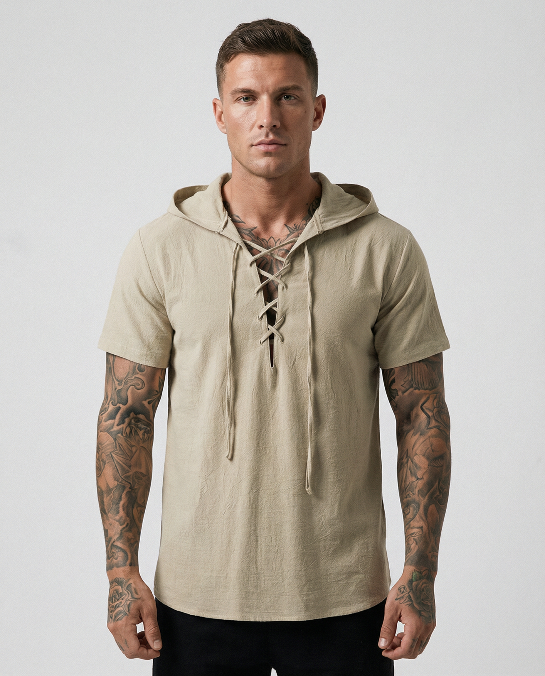 Barevici Terra Lace-Up Hooded Top men’s full size minimalist pullover on model