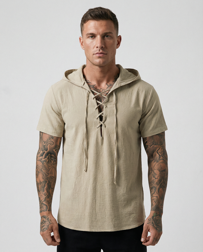 Barevici Terra Lace-Up Hooded Top men’s full size minimalist pullover on model