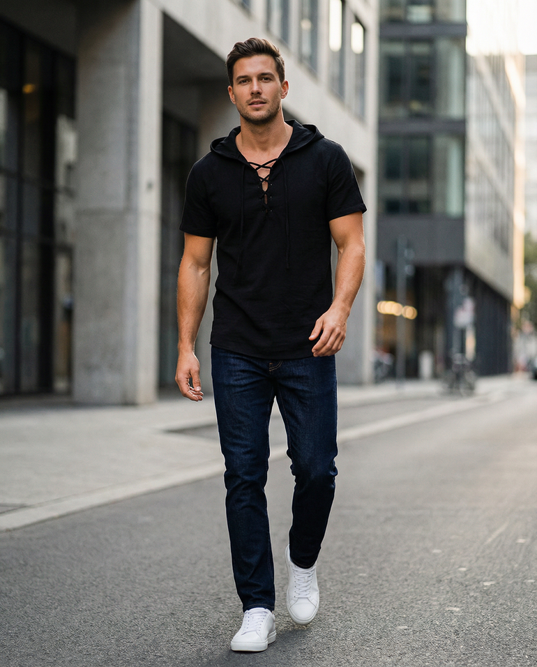 man wearing Barevici Terra Lace-Up Hooded Top- black, front view
