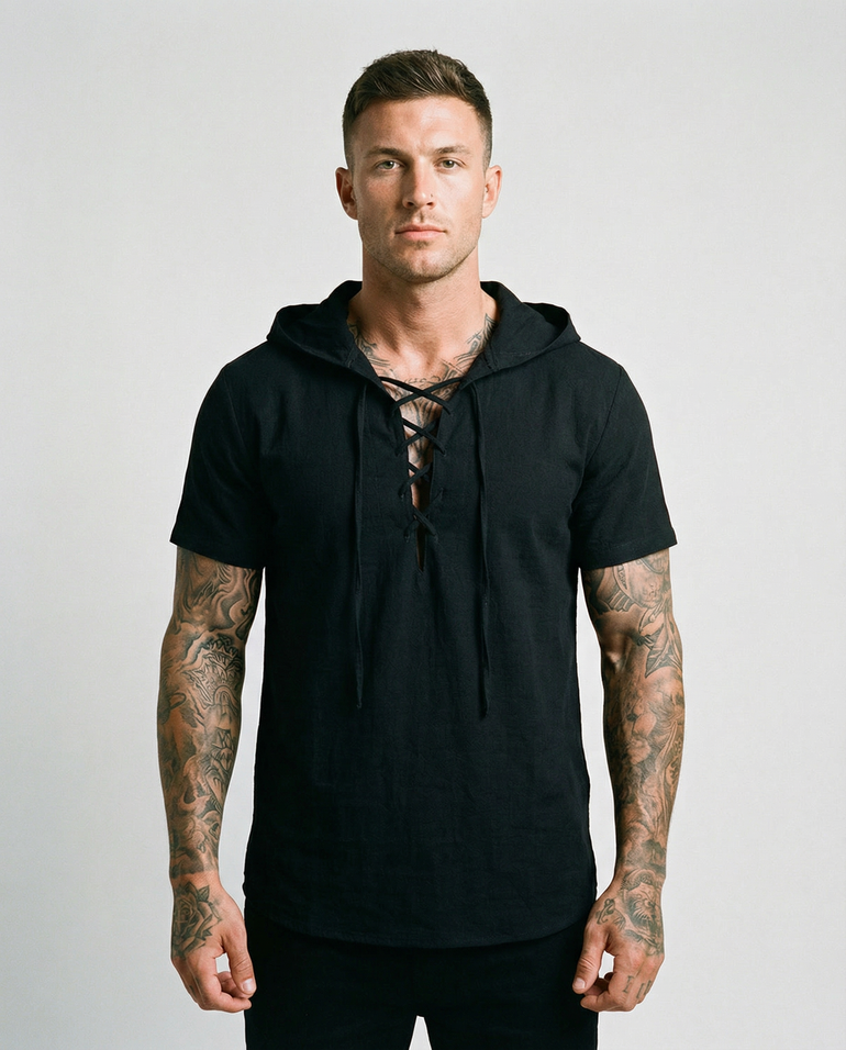 Barevici Terra Lace-Up Hooded Top three quarter view on male model, black
