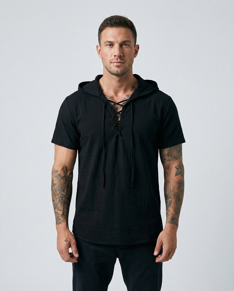 Barevici Terra Lace-Up Hooded Top three quarter view on a male model, 
black