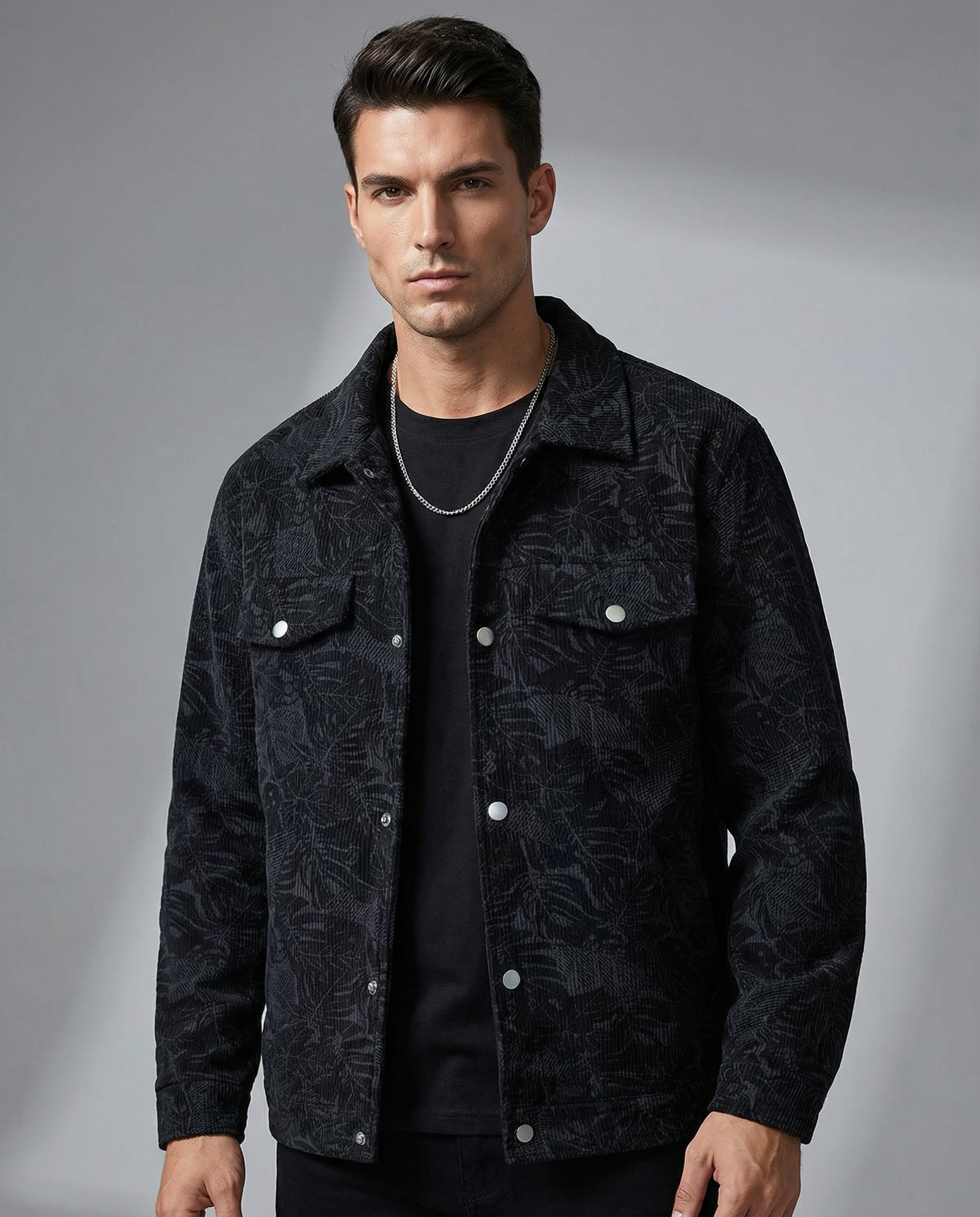 Male model wearing the Barevici Turin corduroy jacket men’s plus size snap down casual layer black