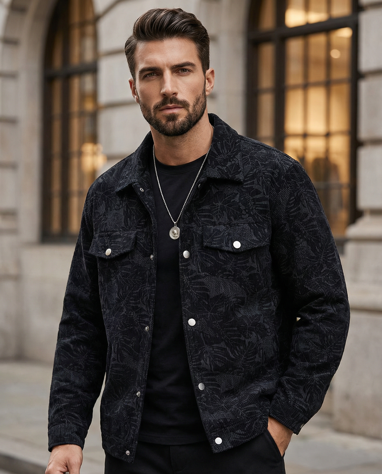 Male model in street wearing the Barevici Turin corduroy jacket men’s plus size snap down casual layer black
