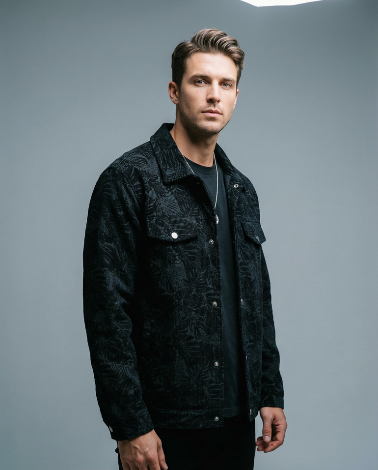 Male model wears the Barevici Turin corduroy jacket men’s plus size snap down casual layer black