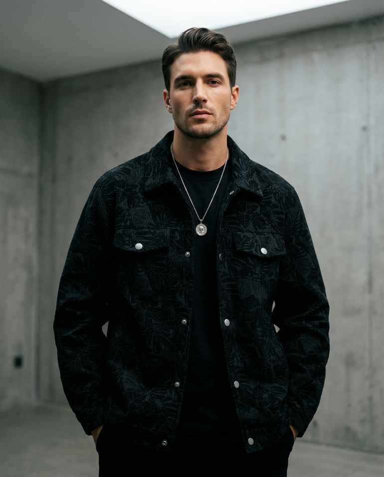 Male model wearing the Barevici Turin corduroy jacket men’s plus size snap down casual layer in black