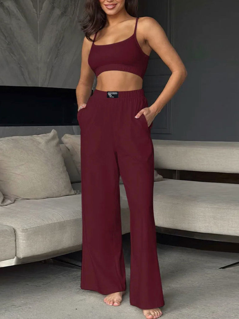 Barevici Sloan cami and pants set women’s minimalist scoop neck lounge co ord burgandy on model.