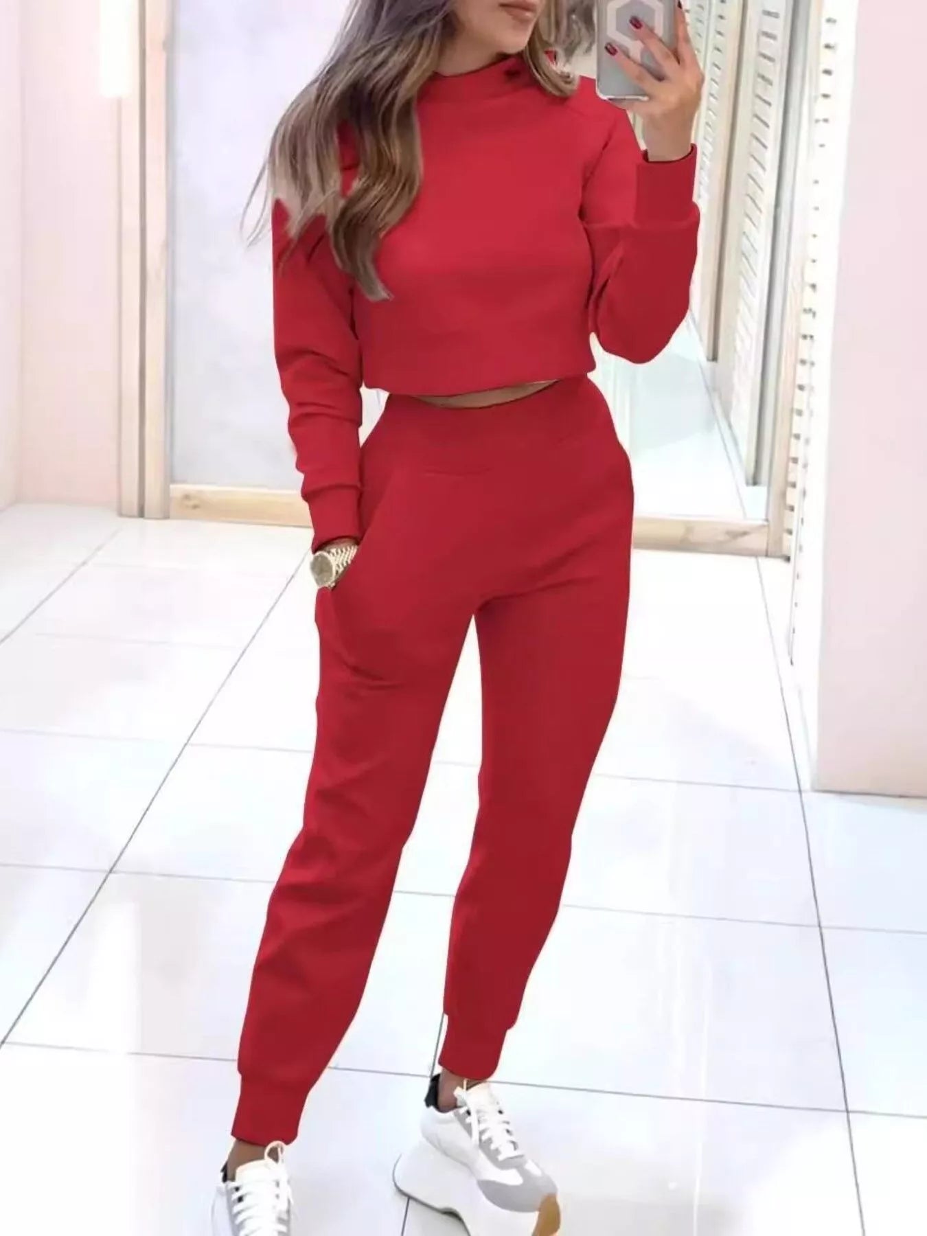 Barevici cropped sweatshirt jogger set women's minimalist lounge athleisure outfit (Red)