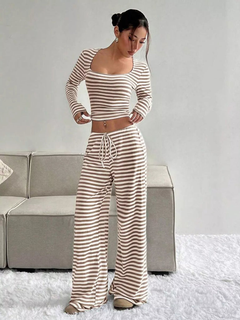 Barevici Horizon stripe set women’s striped long sleeve crop top and wide leg pants co ord khaki on model