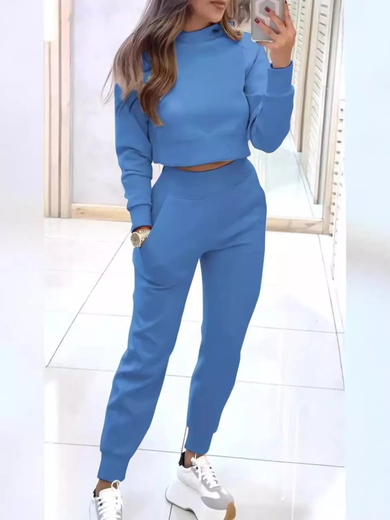 Barevici cropped sweatshirt jogger set women's minimalist lounge athleisure outfit (Blue)