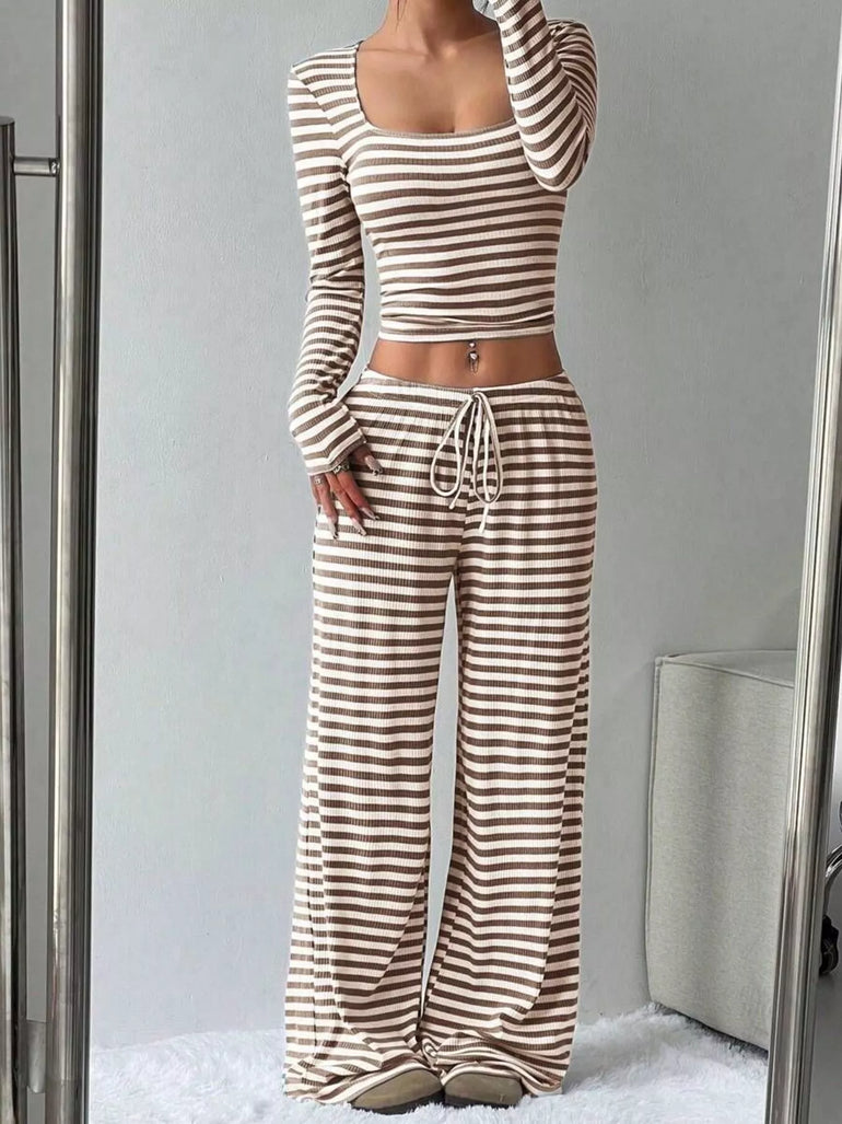 Barevici Horizon stripe set women’s striped long sleeve crop top and wide leg pants co ord khaki stripes, front vew