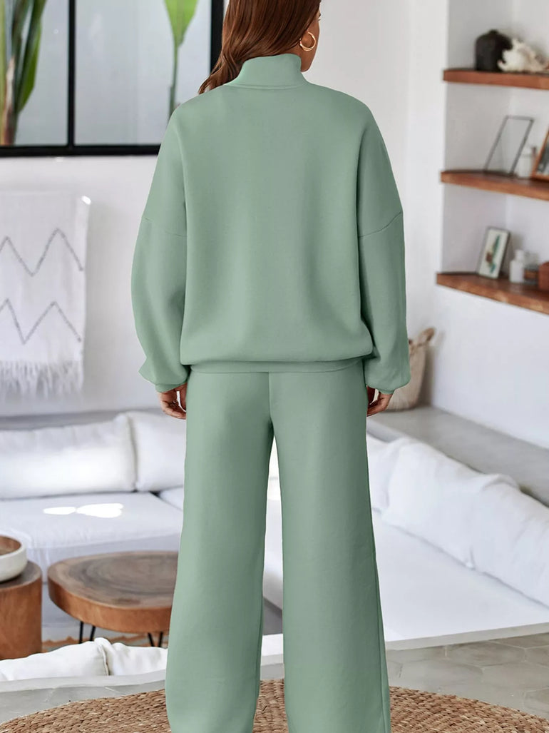 Barevici Motion zip track set women’s drop shoulder jacket and drawstring pants active co ord in sage, back view