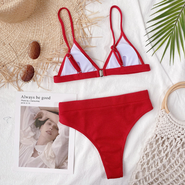Barevici spaghetti strap ribbed bikini set women's minimalist textured swimwear red material