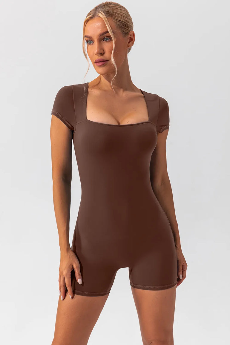 Barevici Poise cap sleeve active romper women’s square neck sculpting one piece in brown