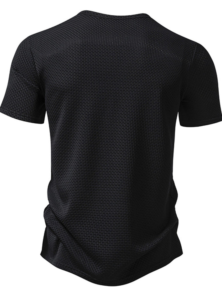 Barevici Soho textured Henley tee men’s minimalist button detail t shirt black back view