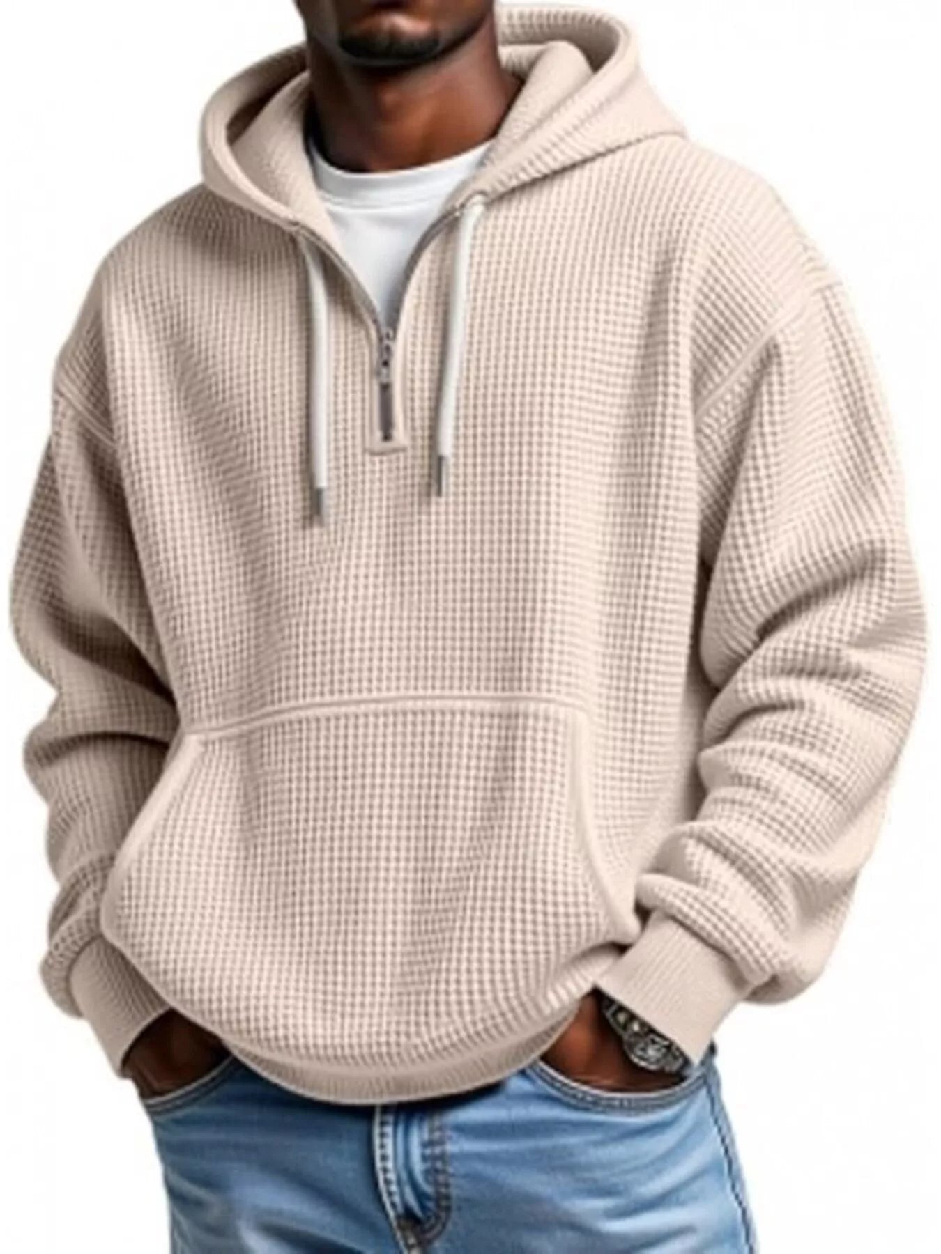 Barevici Loft waffle quarter zip hoodie men’s plus size textured hooded sweatshirt