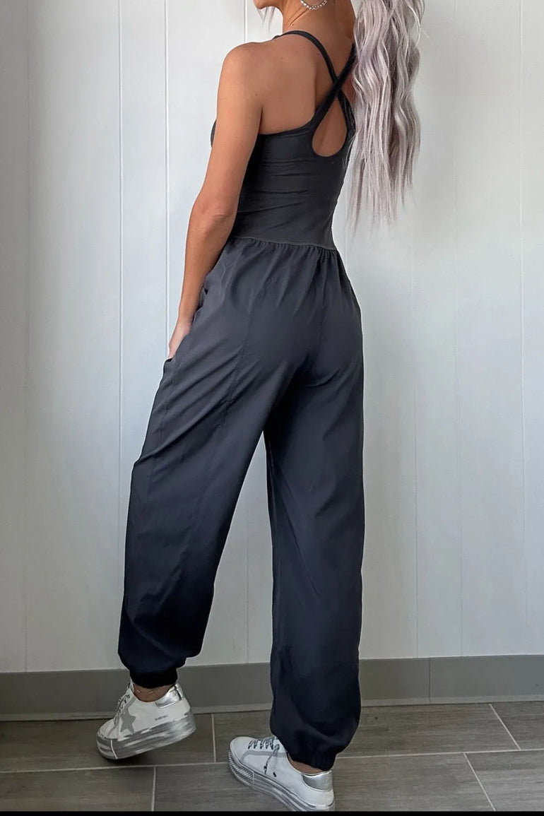 Barevici Halo cutout active jumpsuit women’s square neck wide strap sculpting one piece, back view