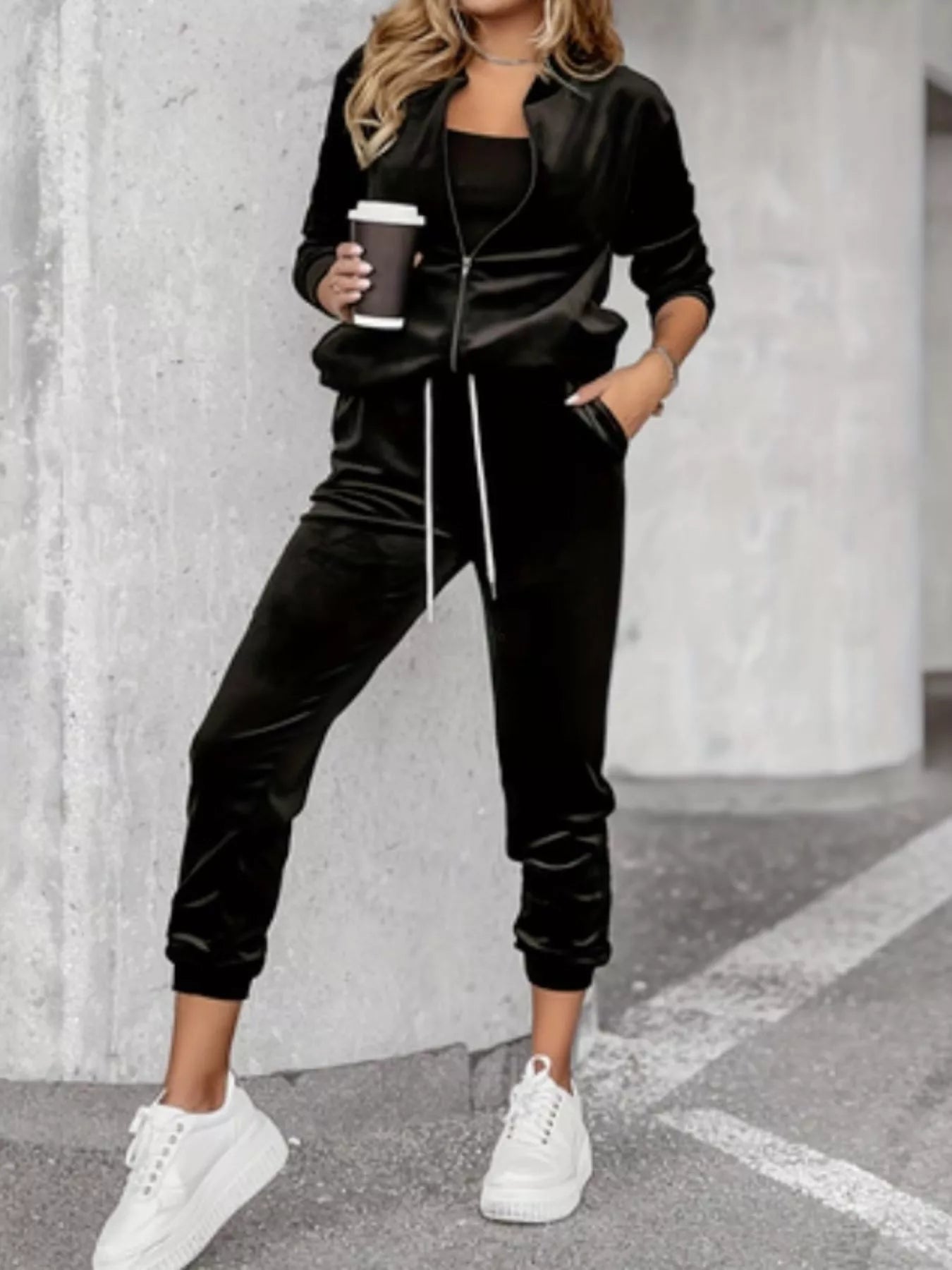Barevici Axis zip lounge set women’s black long sleeve top and pants minimalist co ord on model