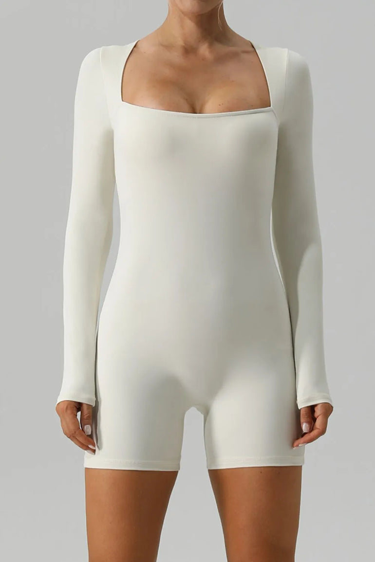 Barevici Aura long sleeve active romper women’s square neck minimalist one piece ivory