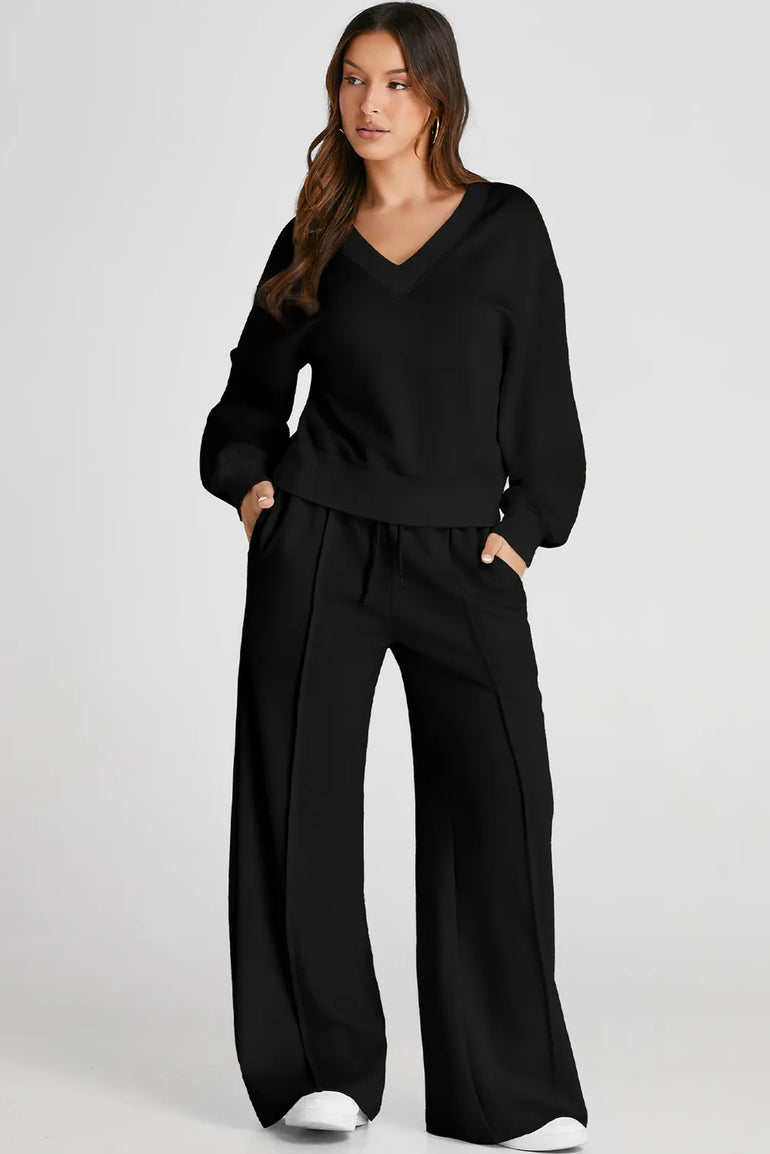 Barevici Meridian v neck set women’s black long sleeve top and pants minimalist lounge co ord, black